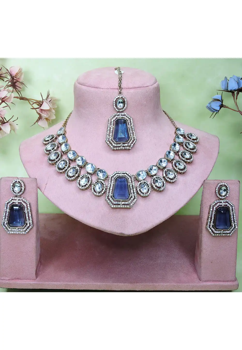 Blue Alloy Necklace Set With Earrings and Maang Tikka 329840