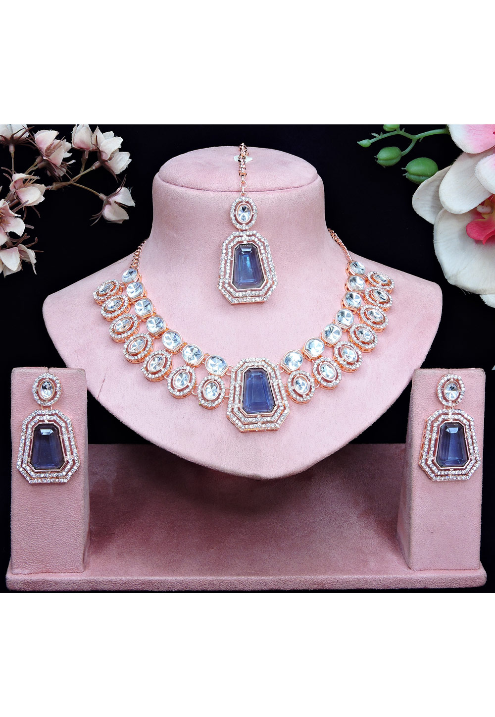 Blue Alloy Necklace Set With Earrings and Maang Tikka 329848