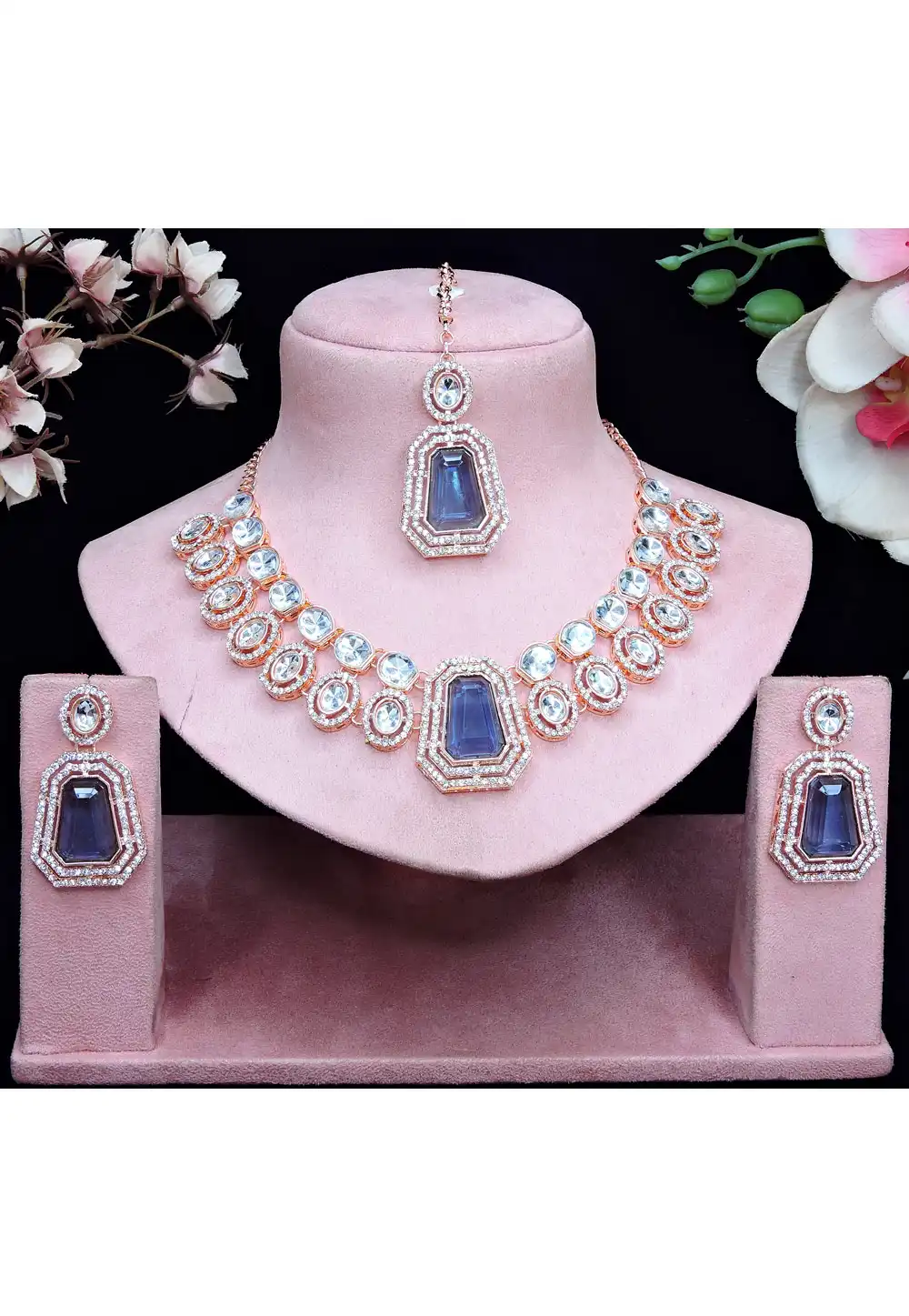 Blue Alloy Necklace Set With Earrings and Maang Tikka 329848