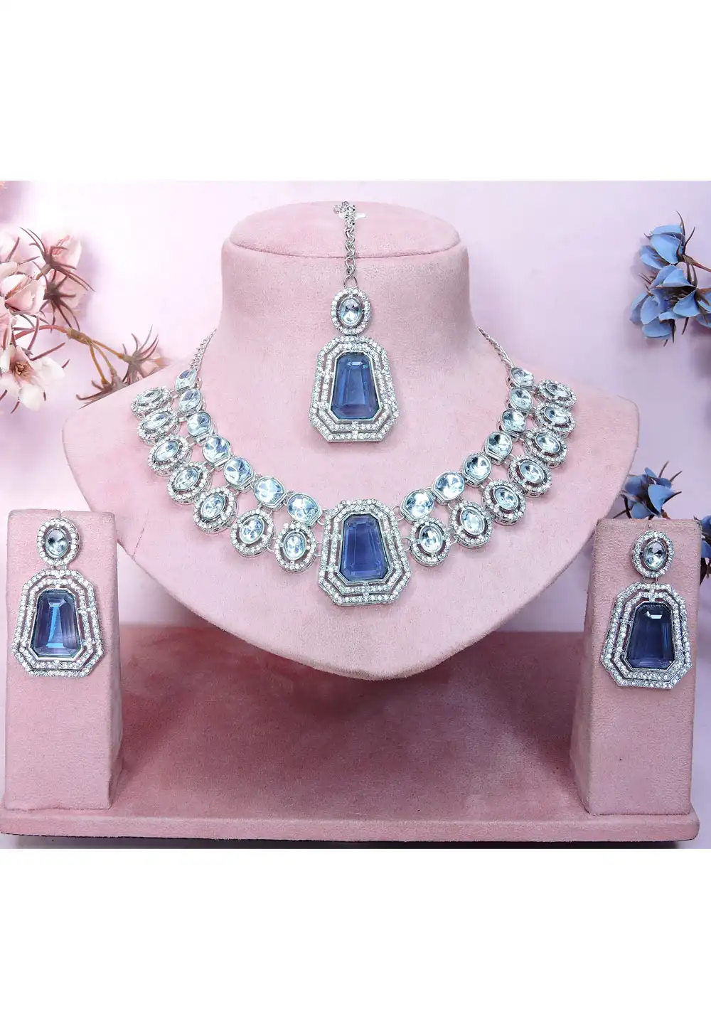 Blue Alloy Necklace Set With Earrings and Maang Tikka 329856