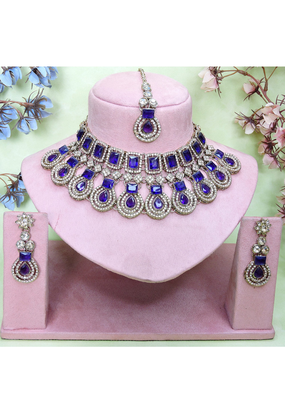 Blue Alloy Necklace Set With Earrings and Maang Tikka 329443