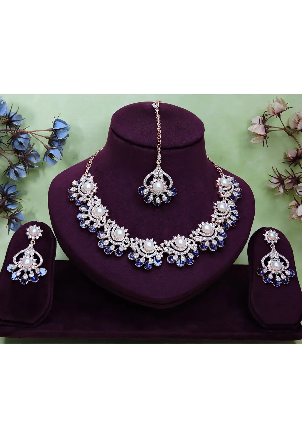 Blue Alloy Necklace Set With Earrings and Maang Tikka 332159