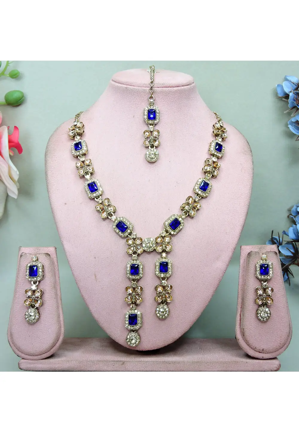 Blue Alloy Necklace Set With Earrings and Maang Tikka 336135