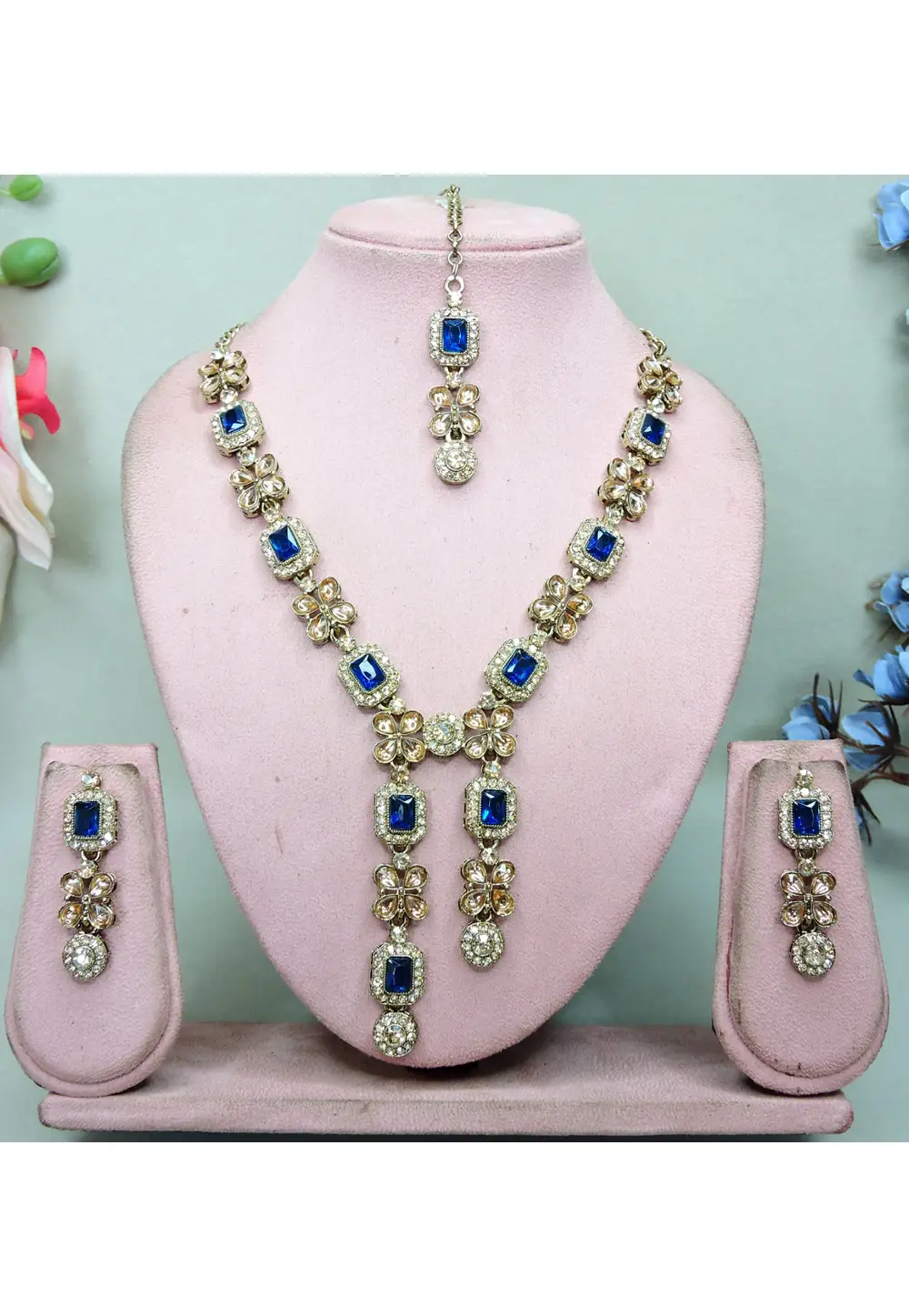 Blue Alloy Necklace Set With Earrings and Maang Tikka 336143