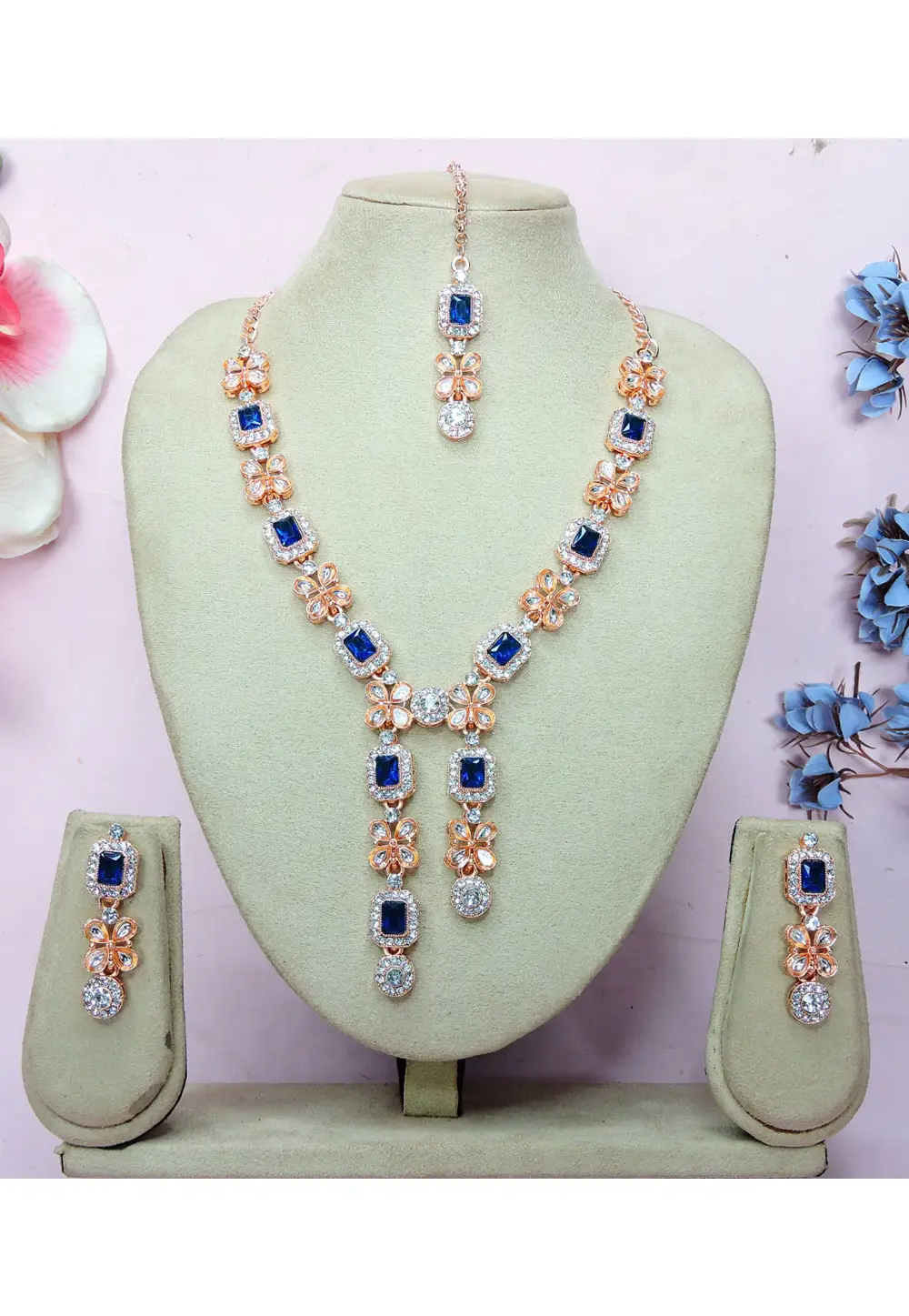 Blue Alloy Necklace Set With Earrings and Maang Tikka 336155