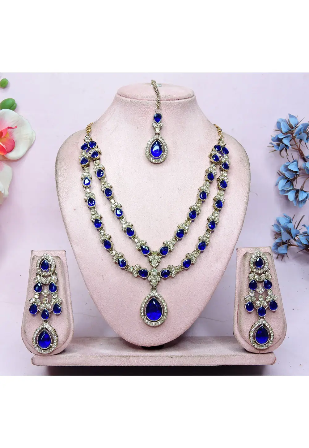 Blue Alloy Necklace Set With Earrings and Maang Tikka 336717