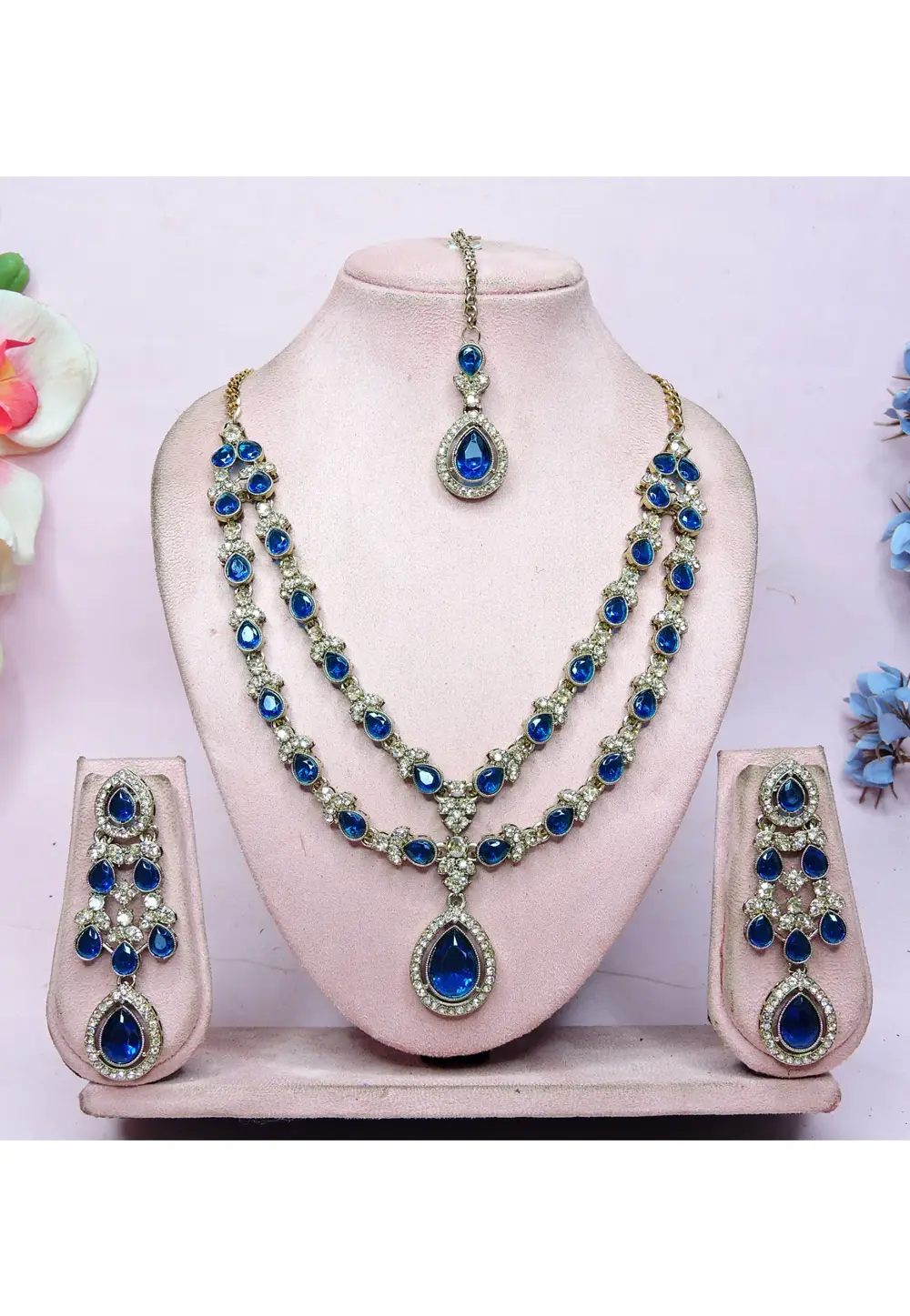 Blue Alloy Necklace Set With Earrings and Maang Tikka 336726