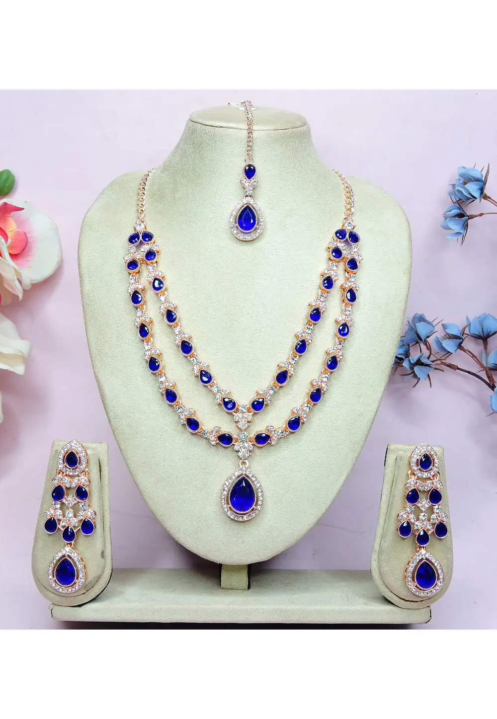 Blue Alloy Necklace Set With Earrings and Maang Tikka 336729