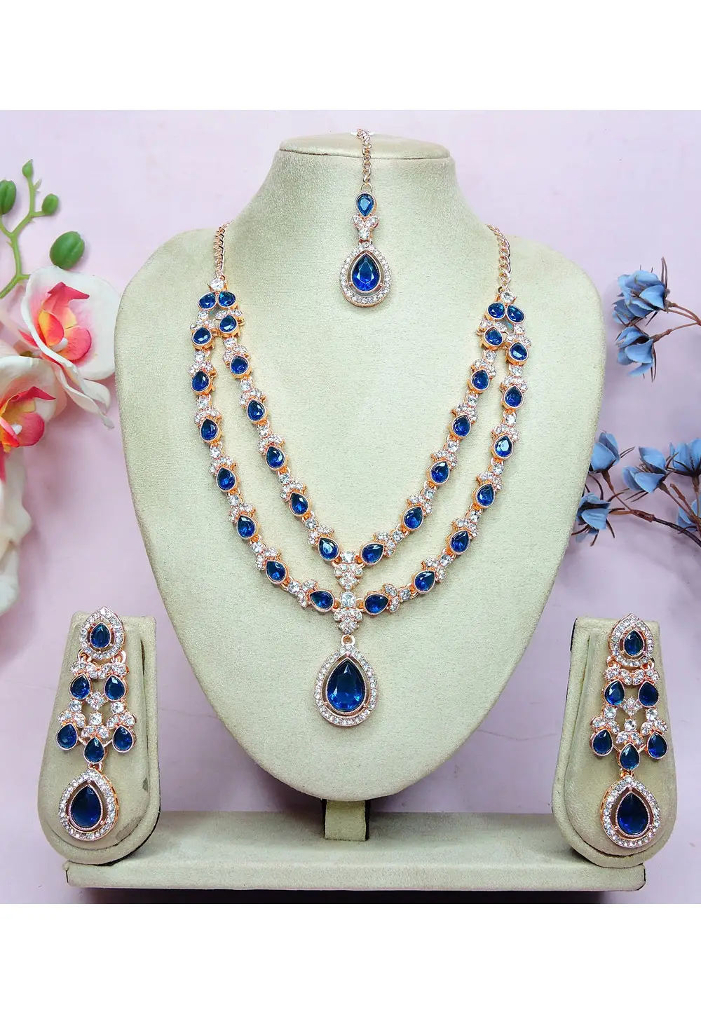 Blue Alloy Necklace Set With Earrings and Maang Tikka 336738