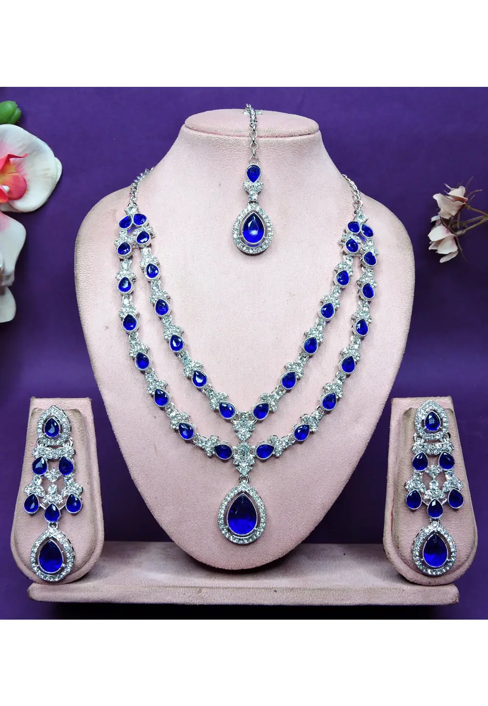 Blue Alloy Necklace Set With Earrings and Maang Tikka 336741