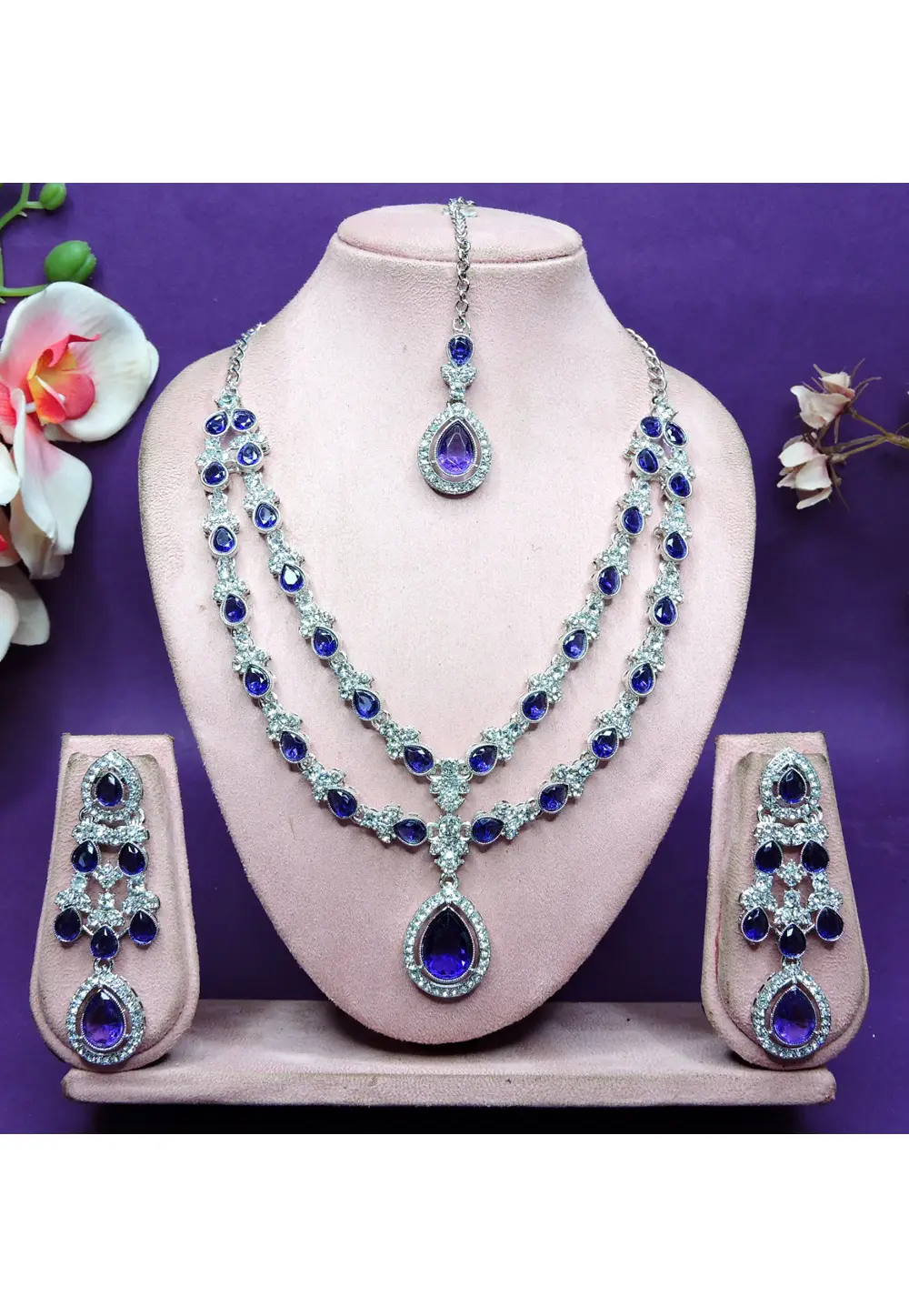 Blue Alloy Necklace Set With Earrings and Maang Tikka 336747