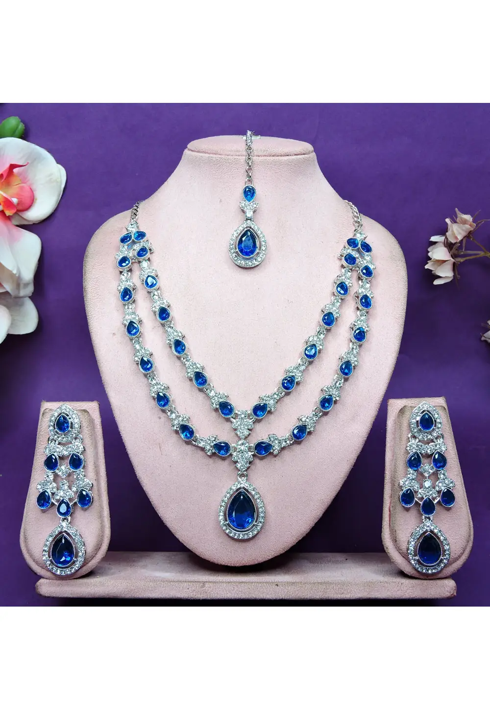 Blue Alloy Necklace Set With Earrings and Maang Tikka 336750