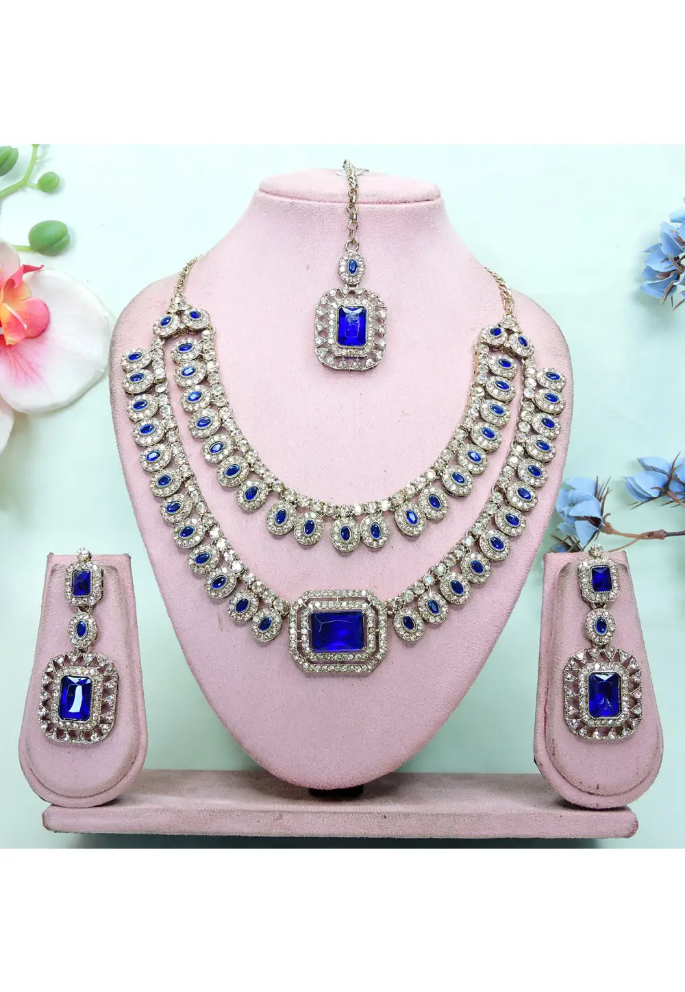 Blue Alloy Necklace Set With Earrings and Maang Tikka 336839