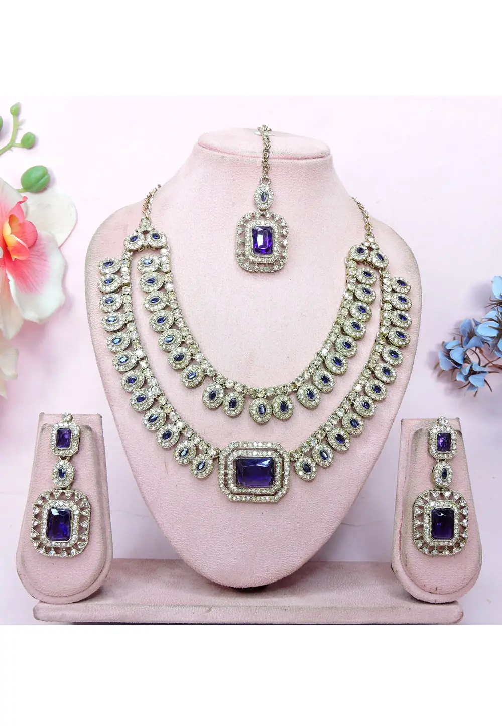 Blue Alloy Necklace Set With Earrings and Maang Tikka 336845