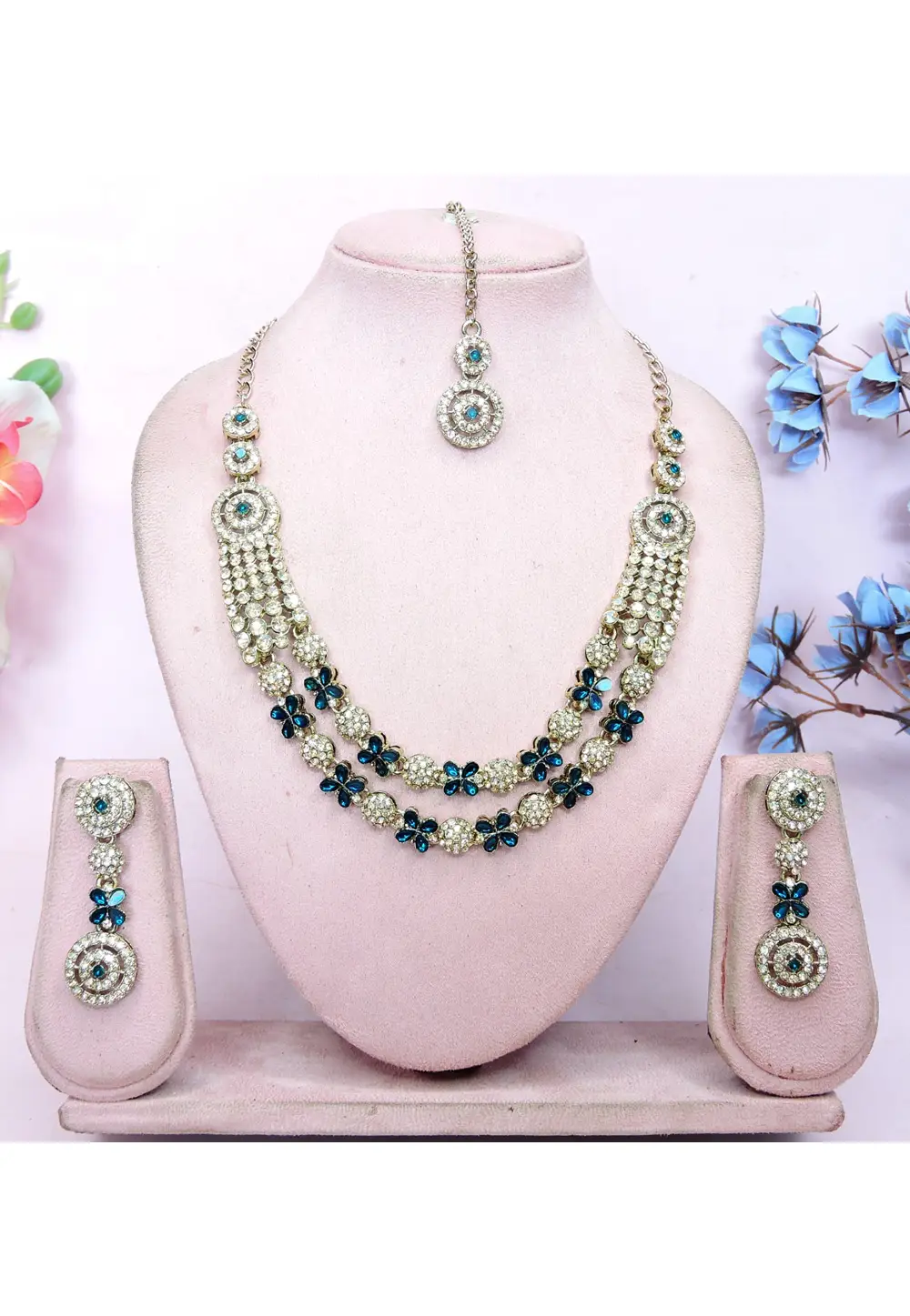Blue Alloy Necklace Set With Earrings and Maang Tikka 337079