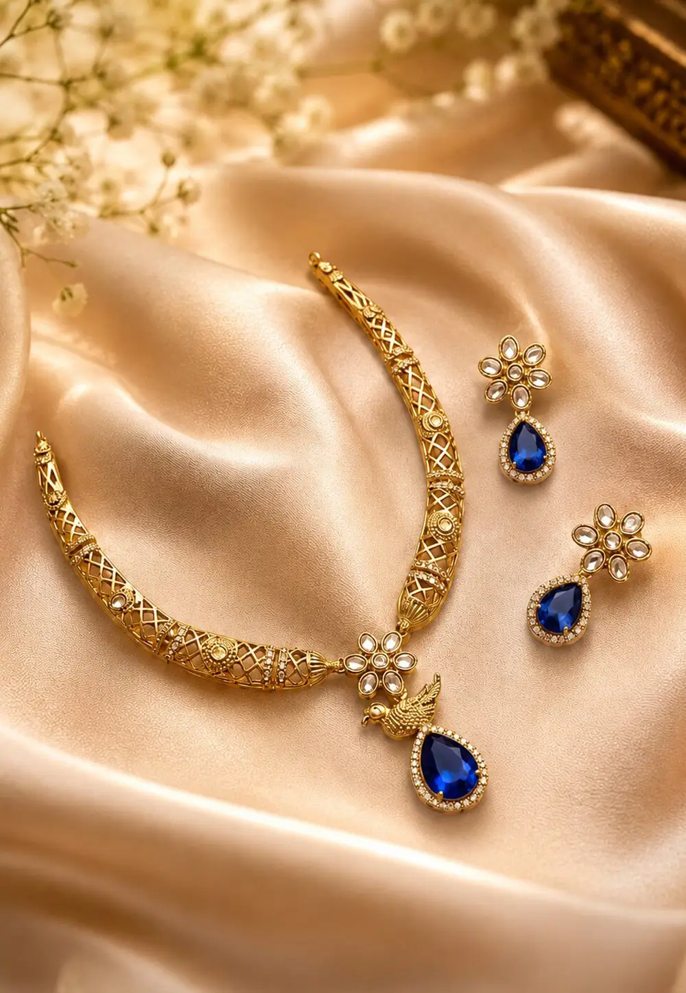 Blue Alloy Necklace With Earrings 332537