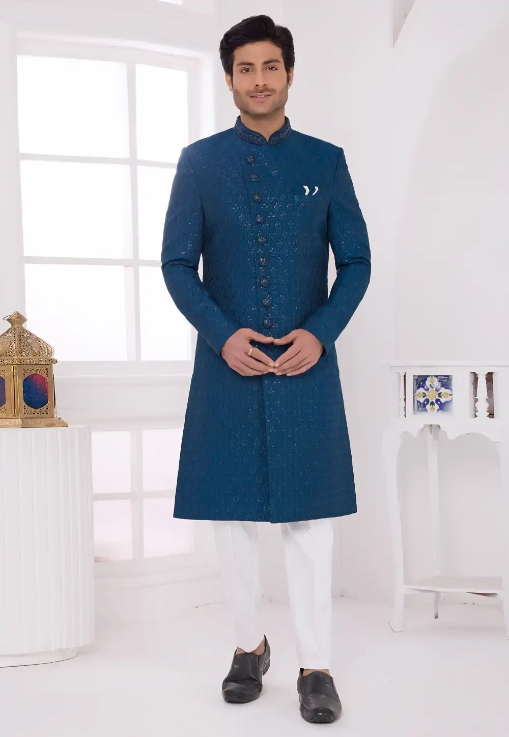 Blue Art Silk Achkan Style Sherwani 327061