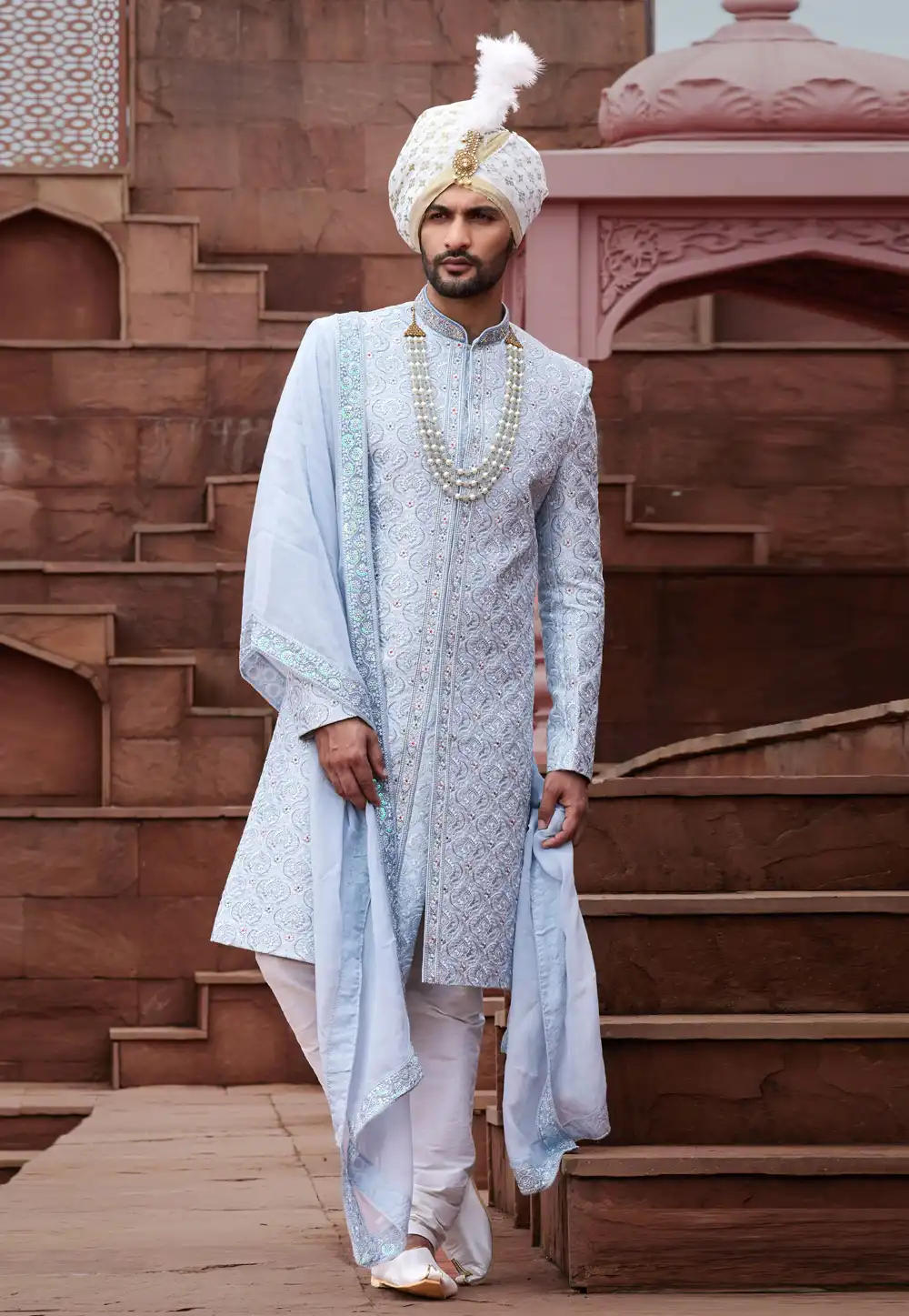 Blue Art Silk Achkan Style Sherwani With Stole 280134
