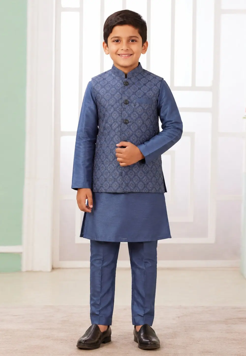 Blue Art Silk Boys Kurta Pajama With Jacket 335770