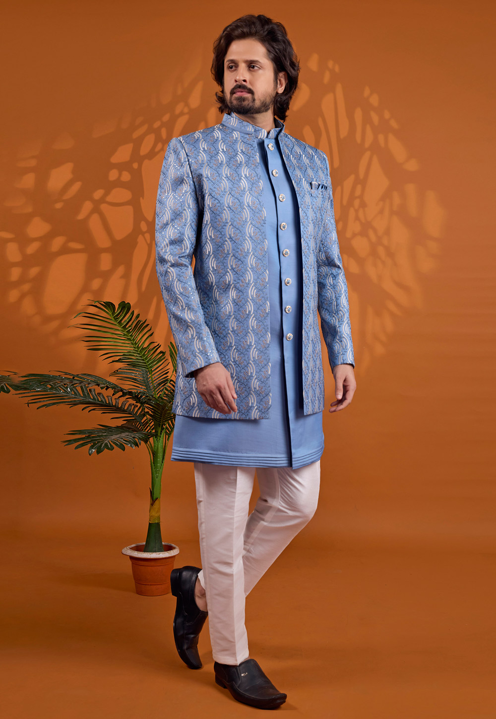 Blue Art Silk Jacket Style Sherwani 330240