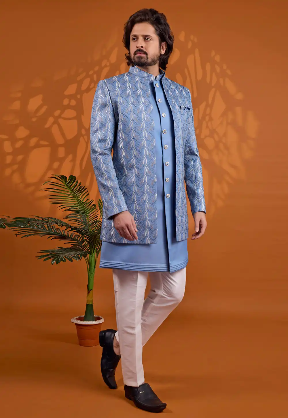 Blue Art Silk Jacket Style Sherwani 330240