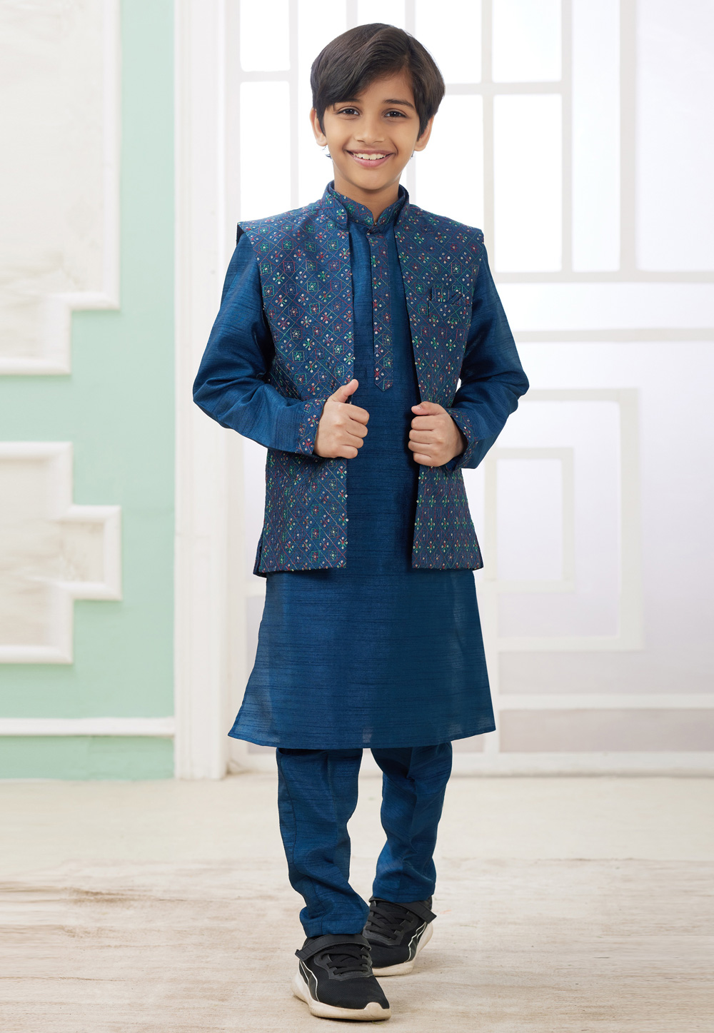 Blue Art Silk Kids Kurta Pajama With Jacket 308580