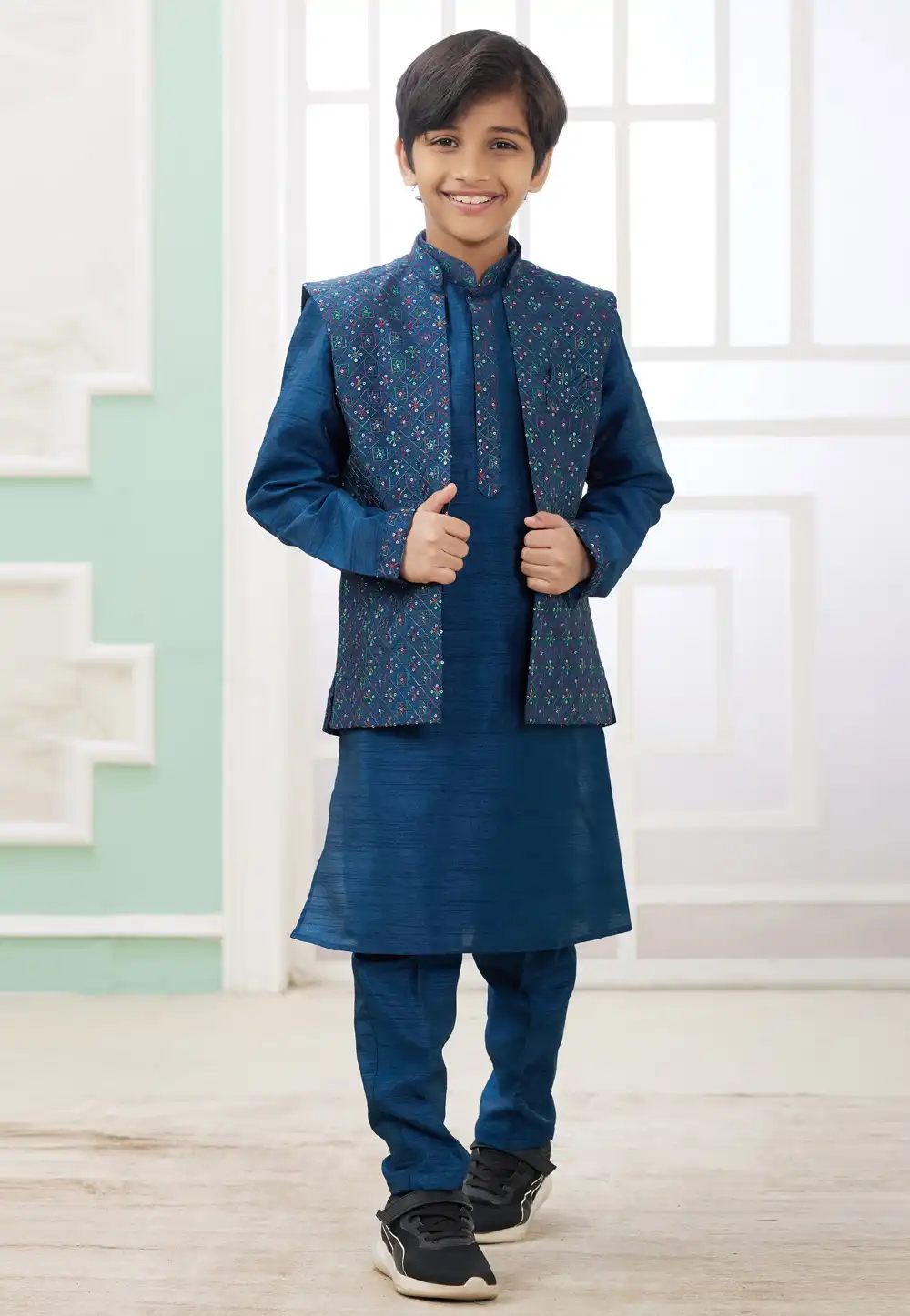 Blue Art Silk Kids Kurta Pajama With Jacket 308580