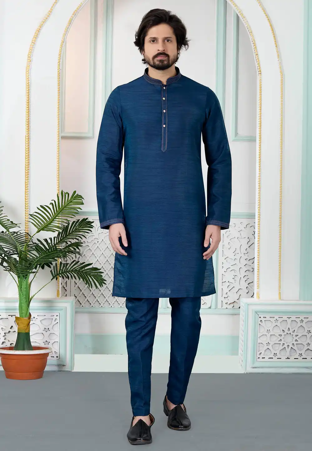 Blue Art Silk Kurta Pajama 323400