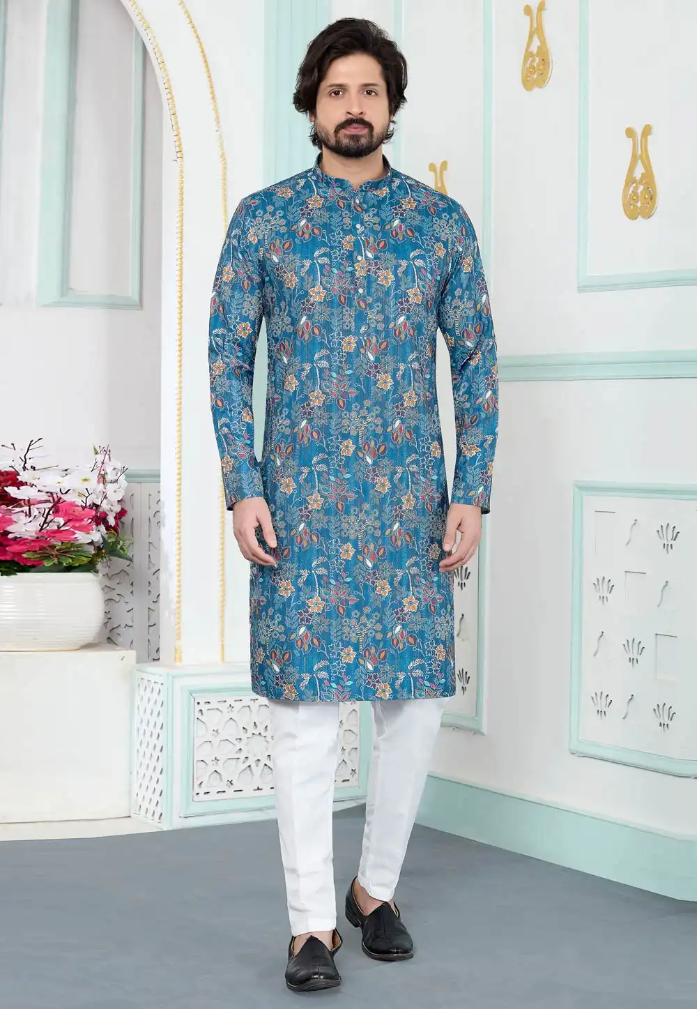 Blue Art Silk Kurta Pajama 323417