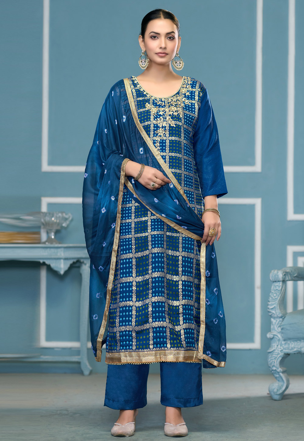 Blue Banarasi Cotton Palazzo Suit 307425