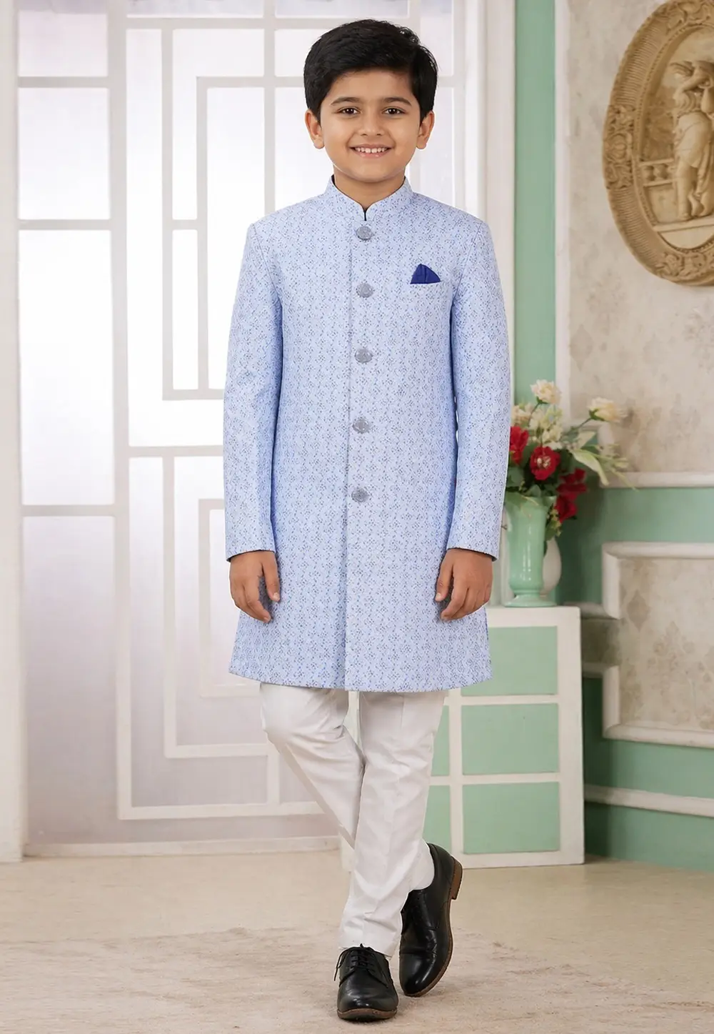 Blue Banarasi Jacquard Boys Indo Western Suit 335783