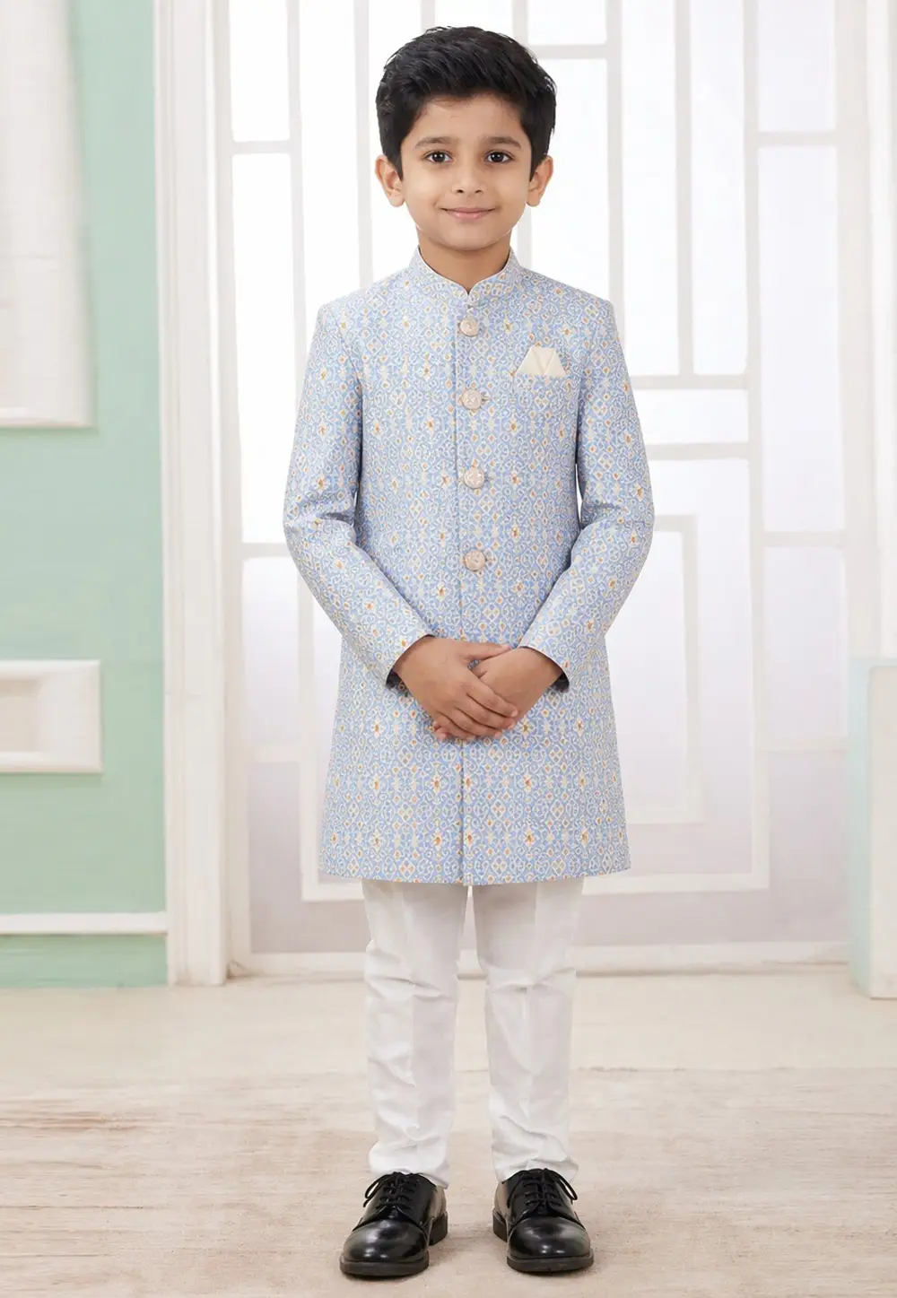 Blue Banarasi Jacquard Boys Indo Western Suit 335795