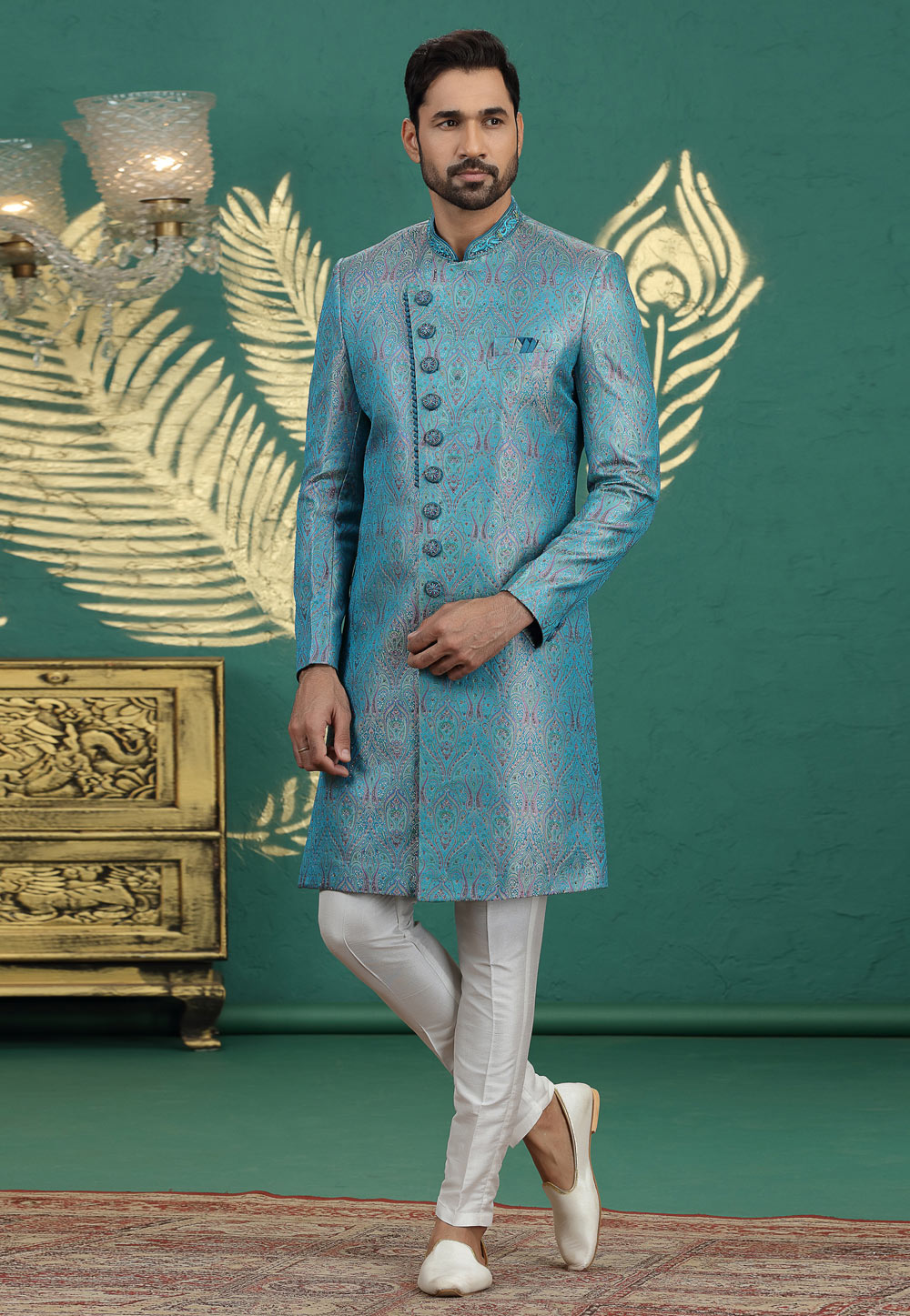 Blue Banarasi Jacquard Indo Western Sherwani 319015