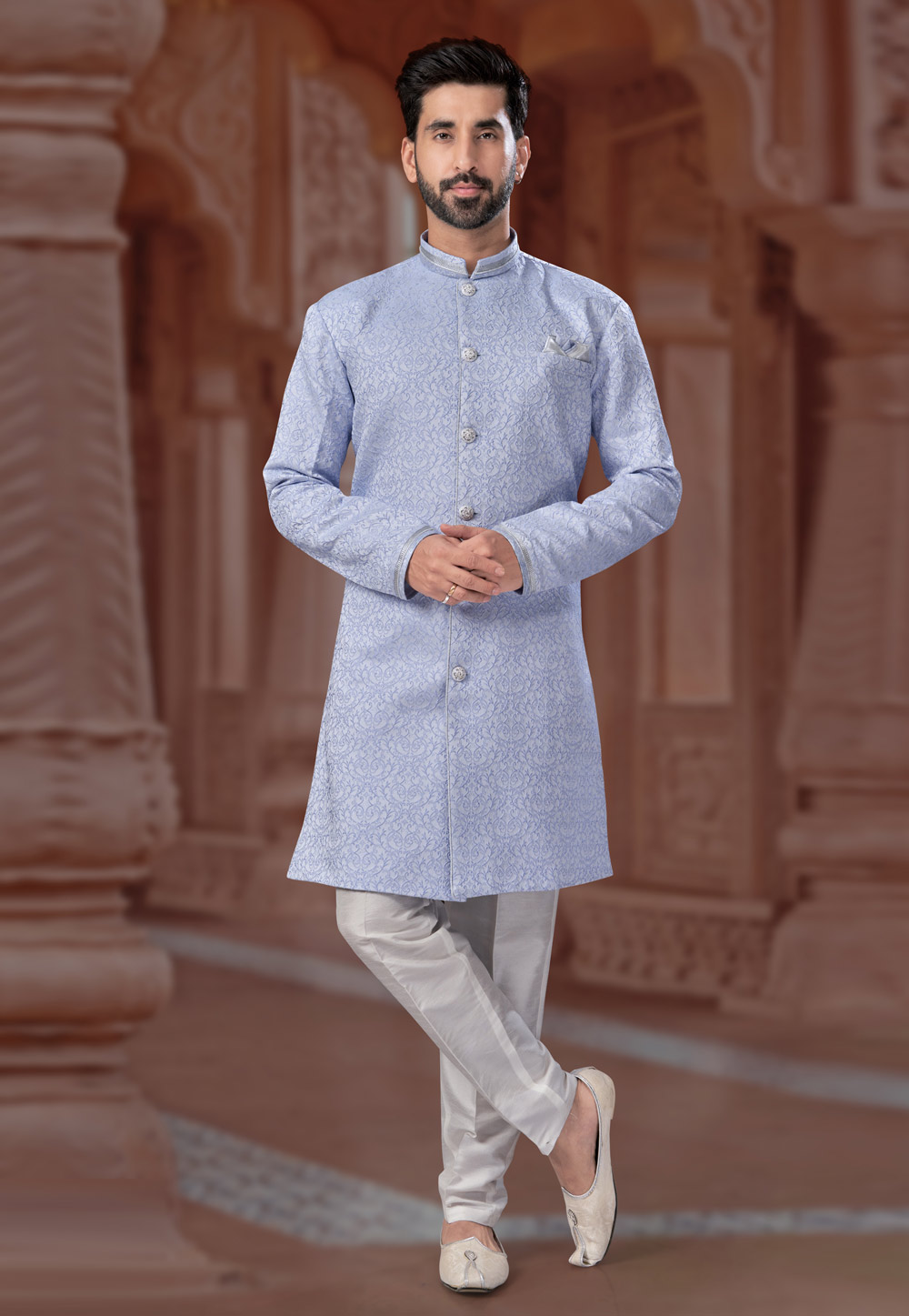 Blue Banarasi Jacquard Indo Western Sherwani 282239
