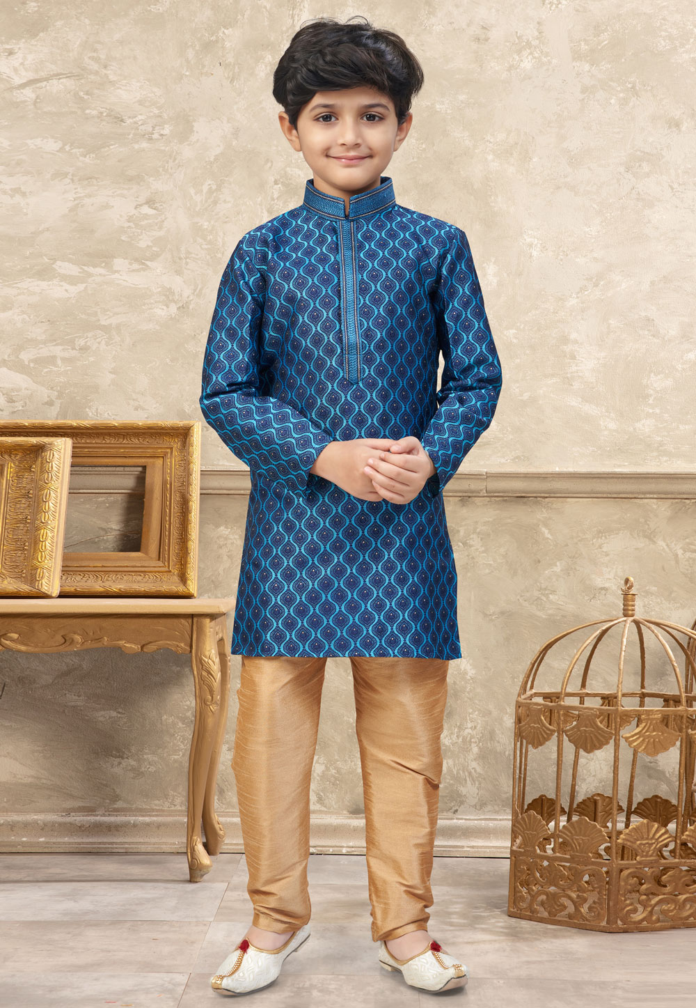 Blue Banarasi Jacquard Kids Kurta Pajama 328722