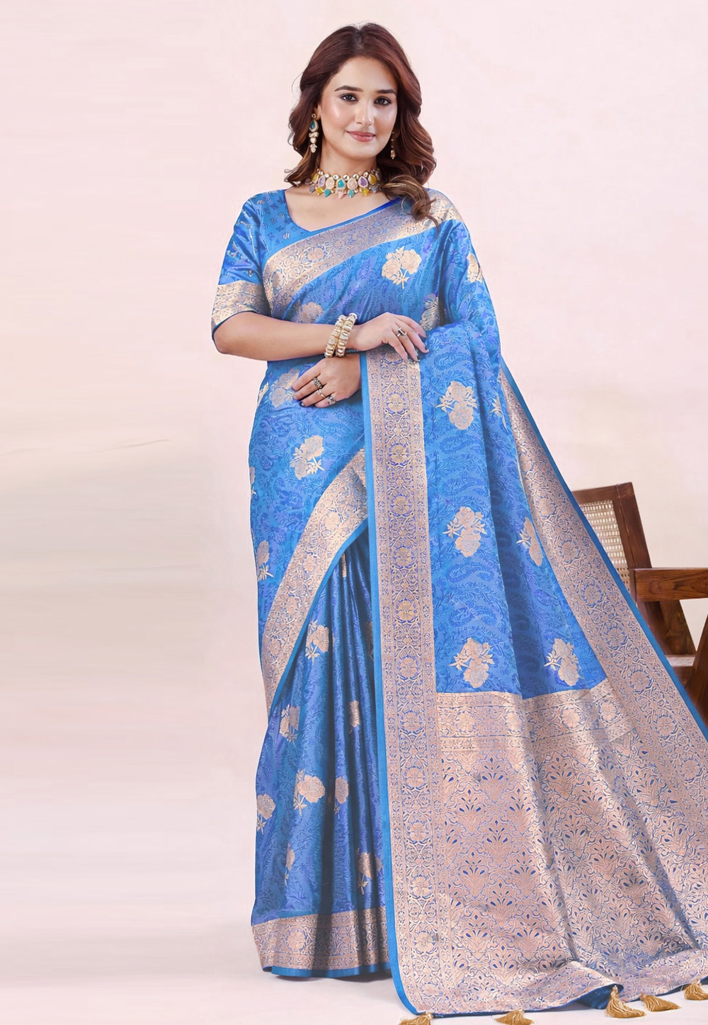 Blue Banarasi Jacquard Saree With Blouse 329028