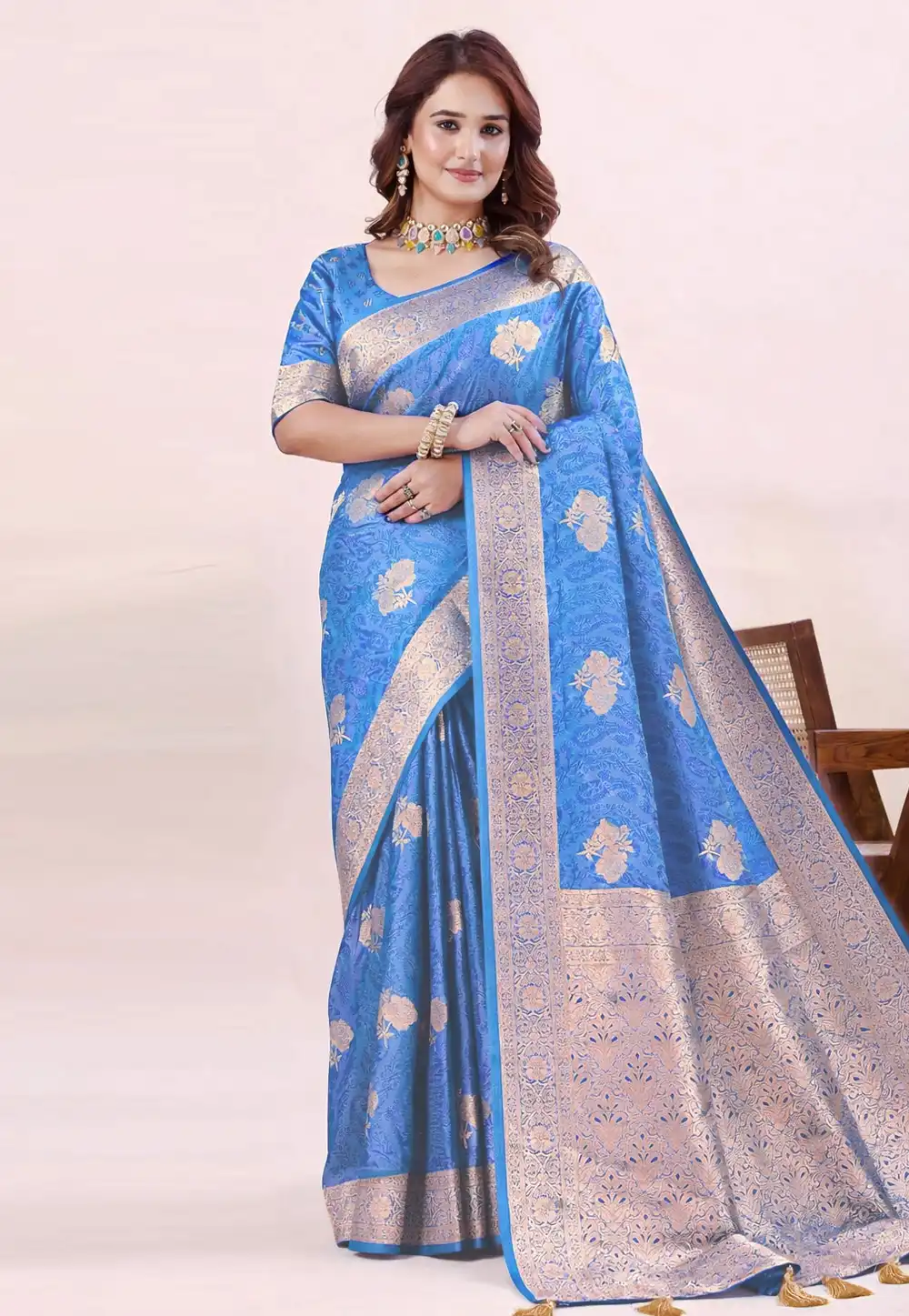 Blue Banarasi Jacquard Saree With Blouse 329028