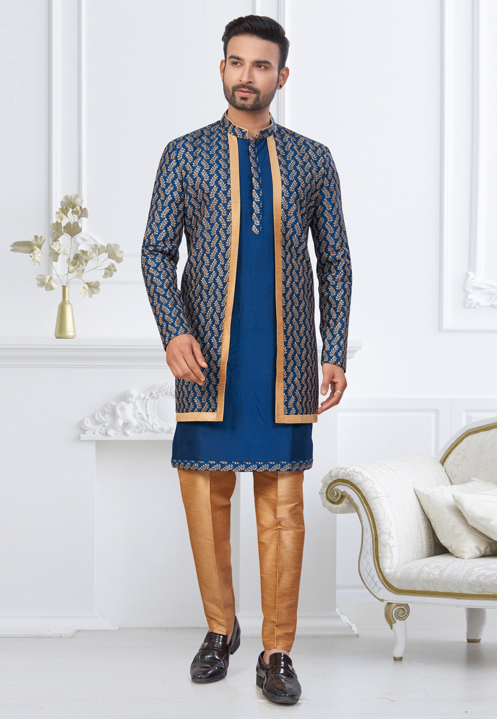 Blue Banarasi Silk Indo Western Suit 322877