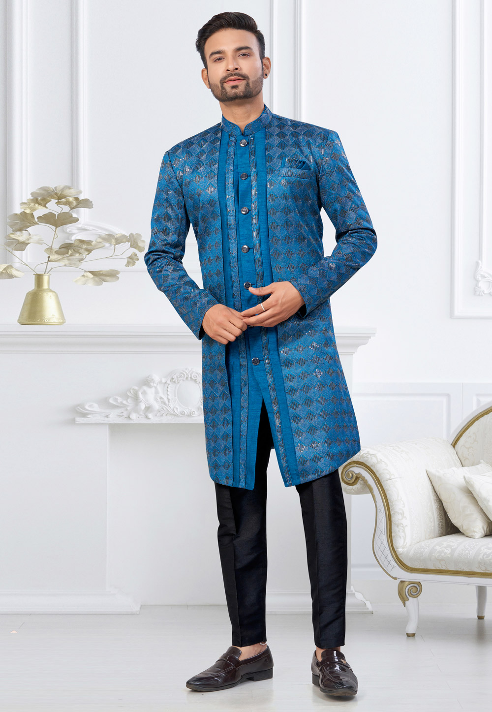 Blue Banarasi Silk Indo Western Suit 322891