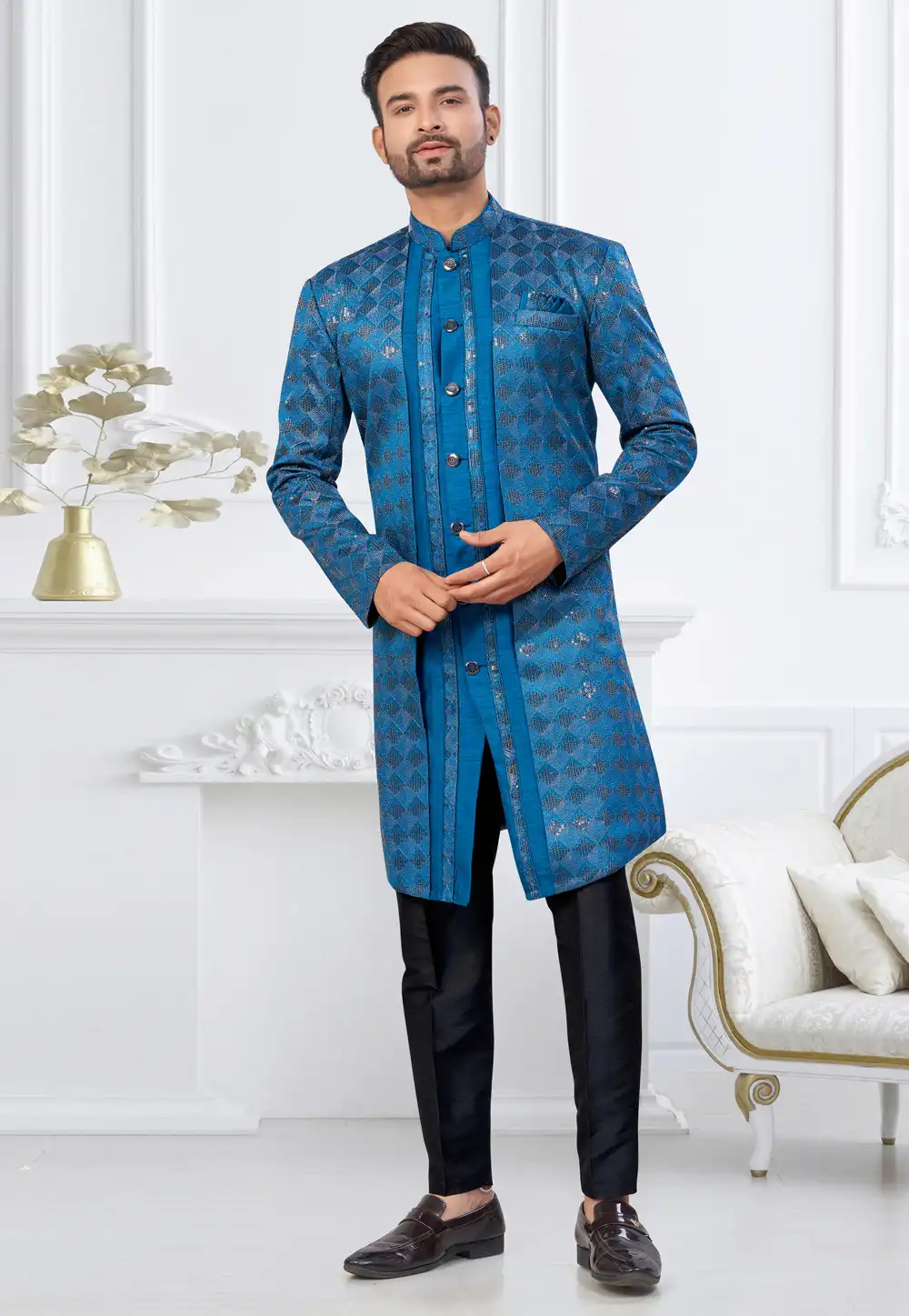 Blue Banarasi Silk Indo Western Suit 322891