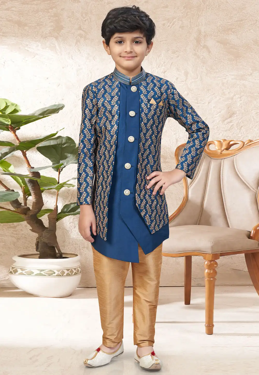 Blue Banarasi Silk Kids Indo Western Suit 324256