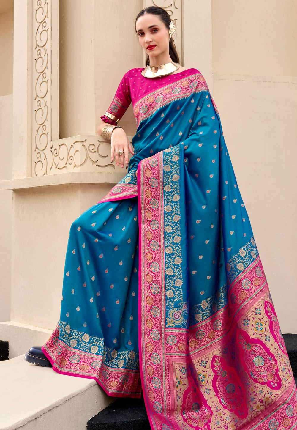 Blue Banarasi Silk Saree With Blouse 307397