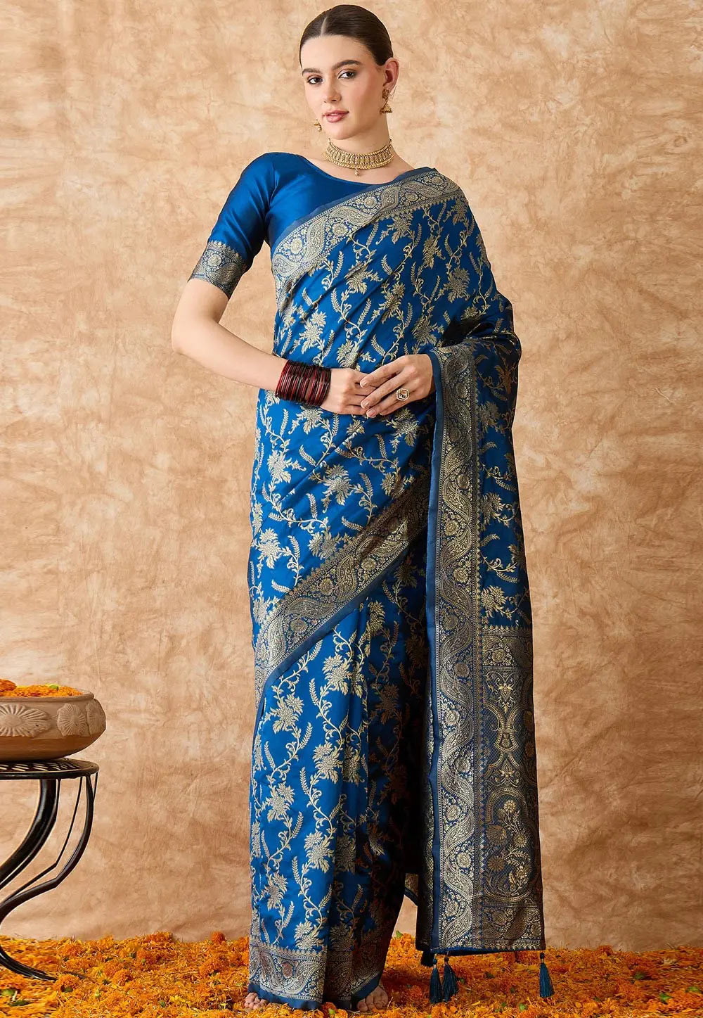 Blue Banarasi Silk Saree With Blouse 301509