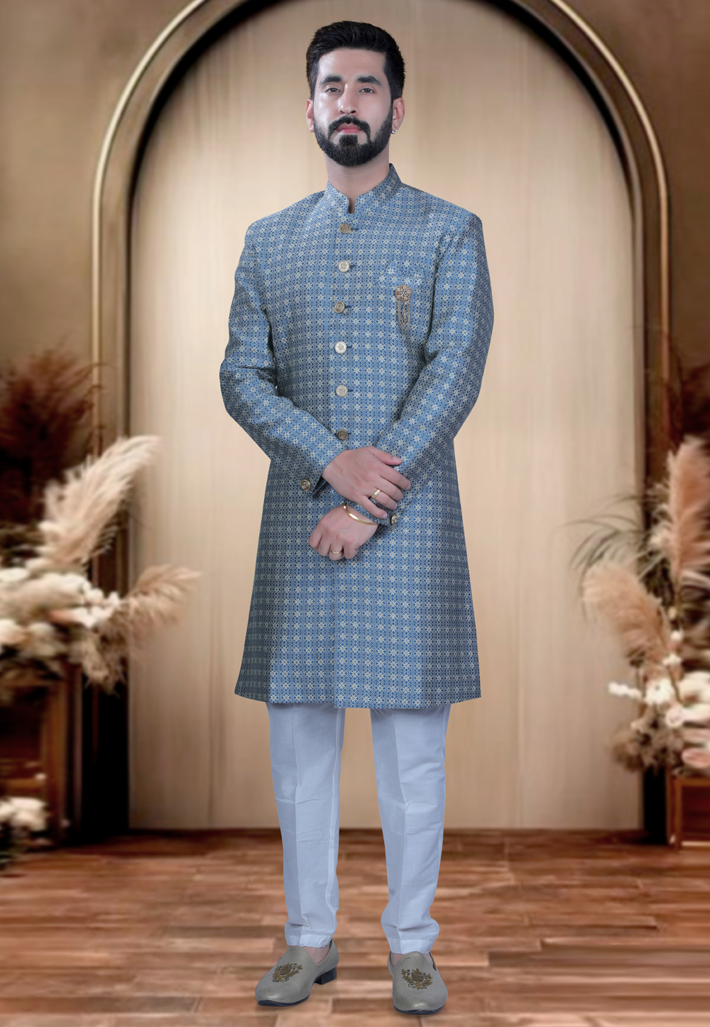 Blue Brocade Achkan Style Sherwani 319676