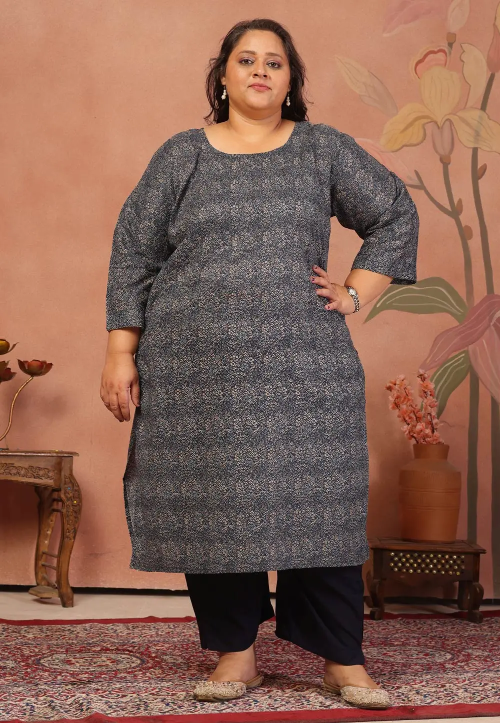 Blue Cambric Cotton Printed Long Kurti 336957