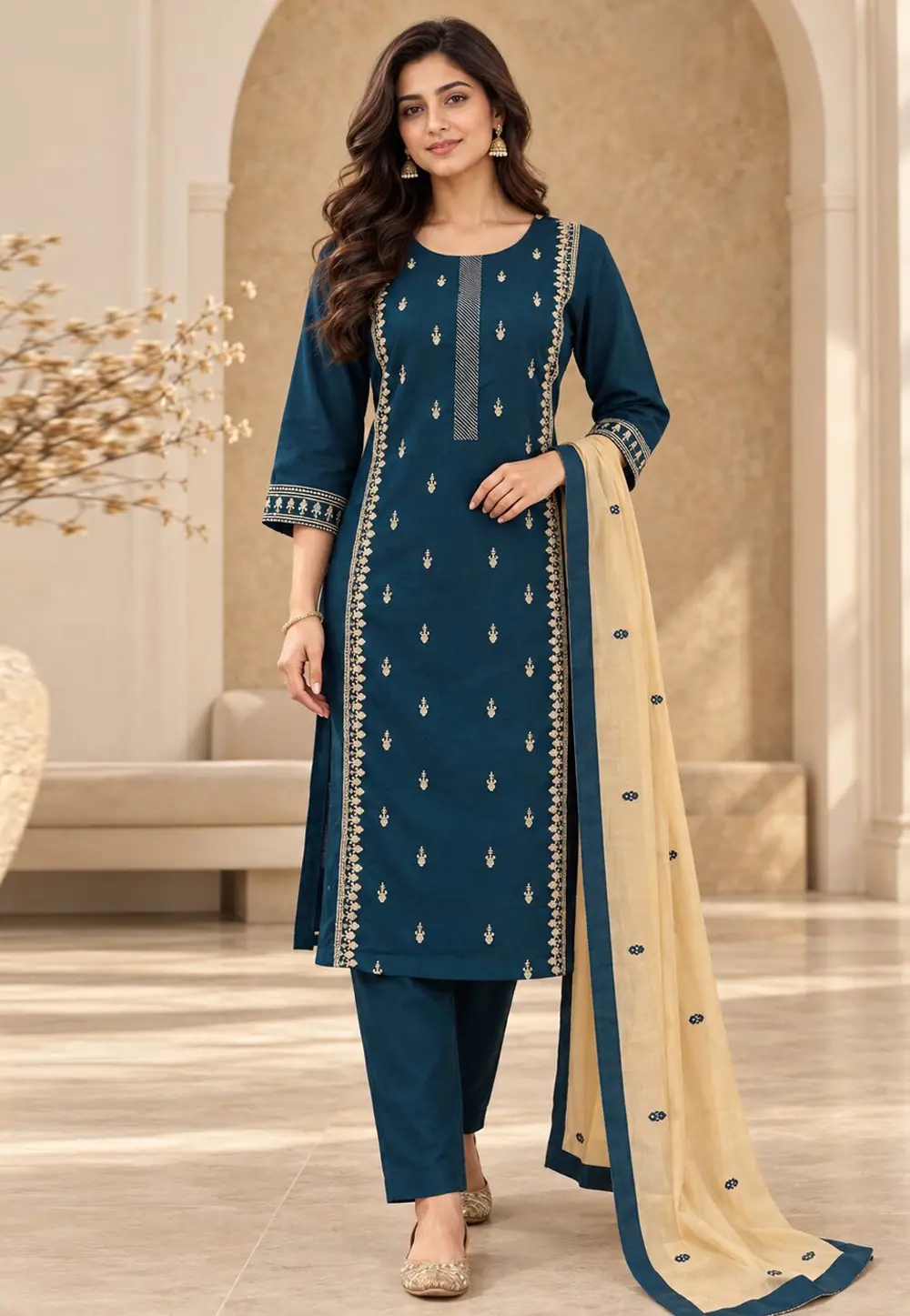 Blue Cambric Cotton Readymade Straight Suit 337049