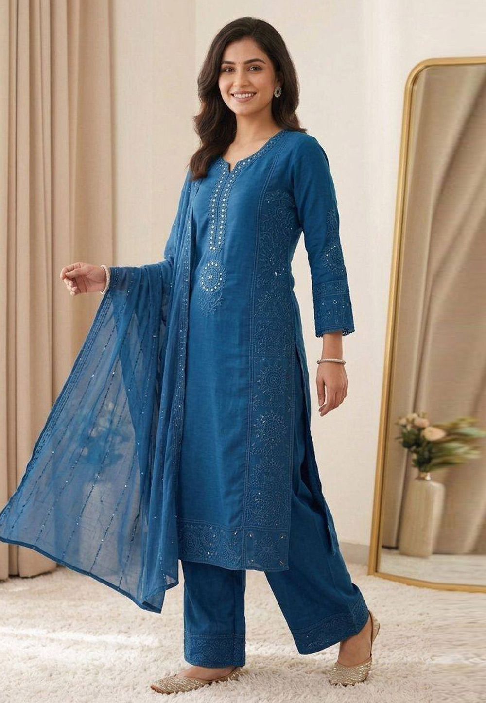 Blue Chanderi Readymade Pakistani Suit 330333