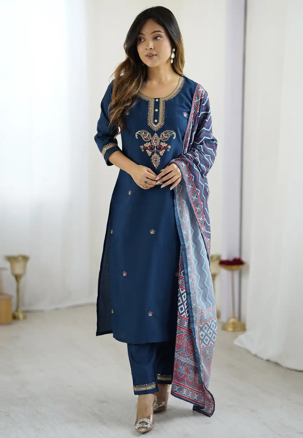 Blue Chanderi Readymade Pakistani Suit 315145