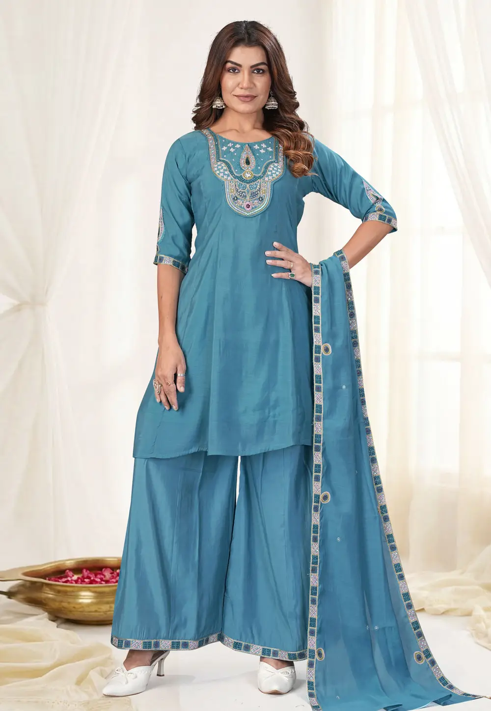 Blue Chanderi Readymade Palazzo Suit 337014