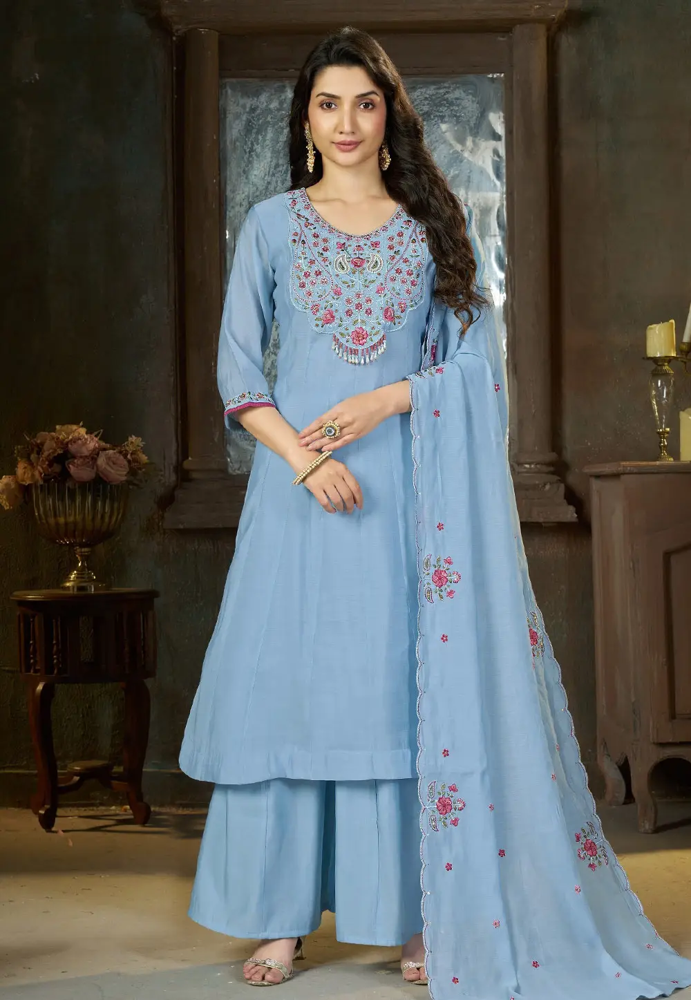 Blue Chanderi Readymade Palazzo Suit 336647